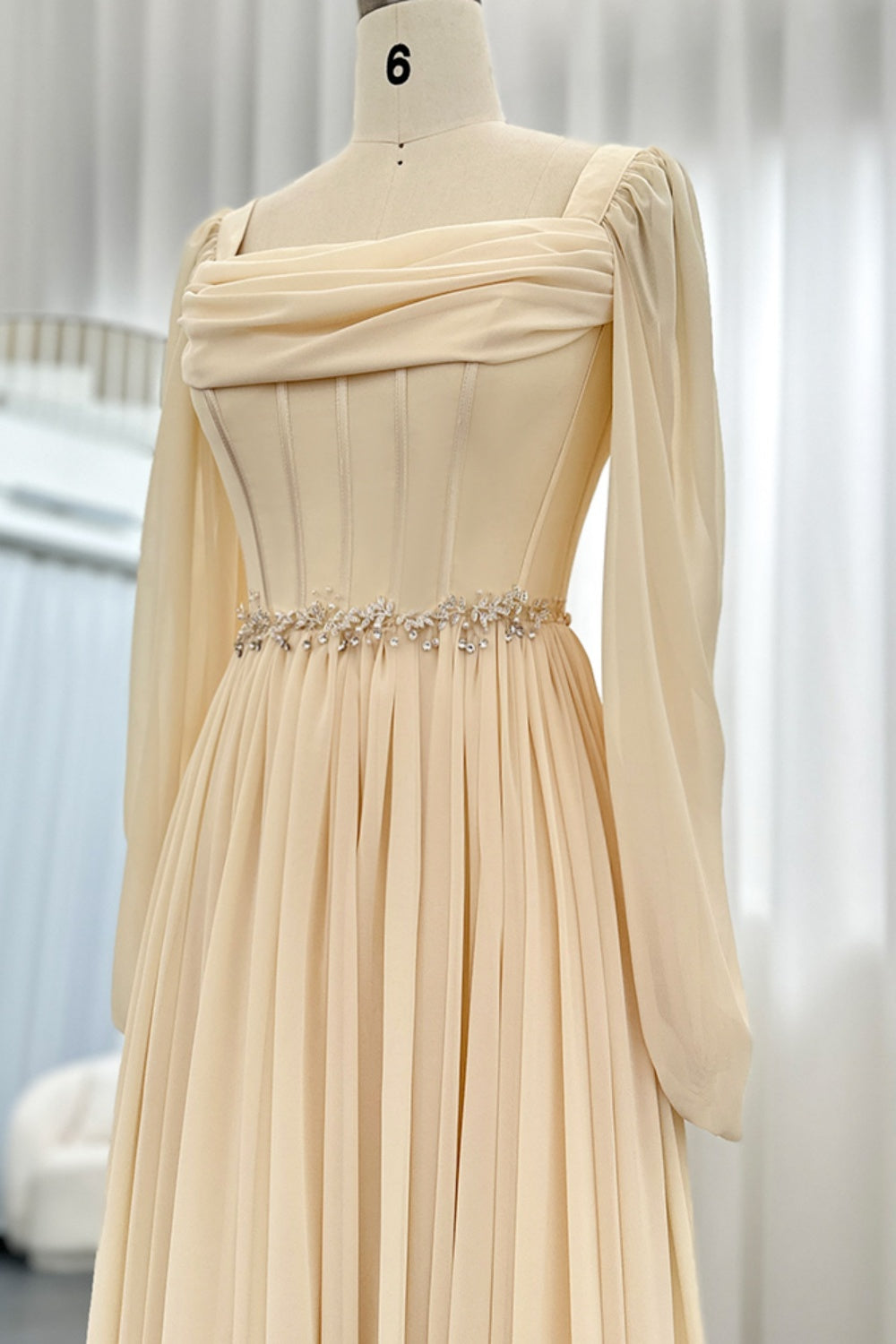 Elegant Beige Long Sleeves Short Evening Dress SF267 Sheer Fairy