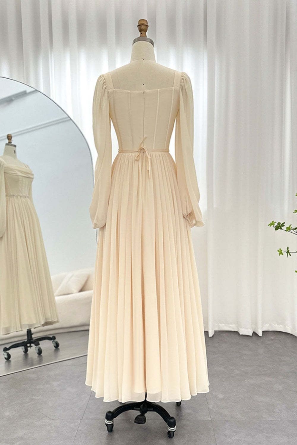 Elegant Beige Long Sleeves Short Evening Dress SF267 Sheer Fairy