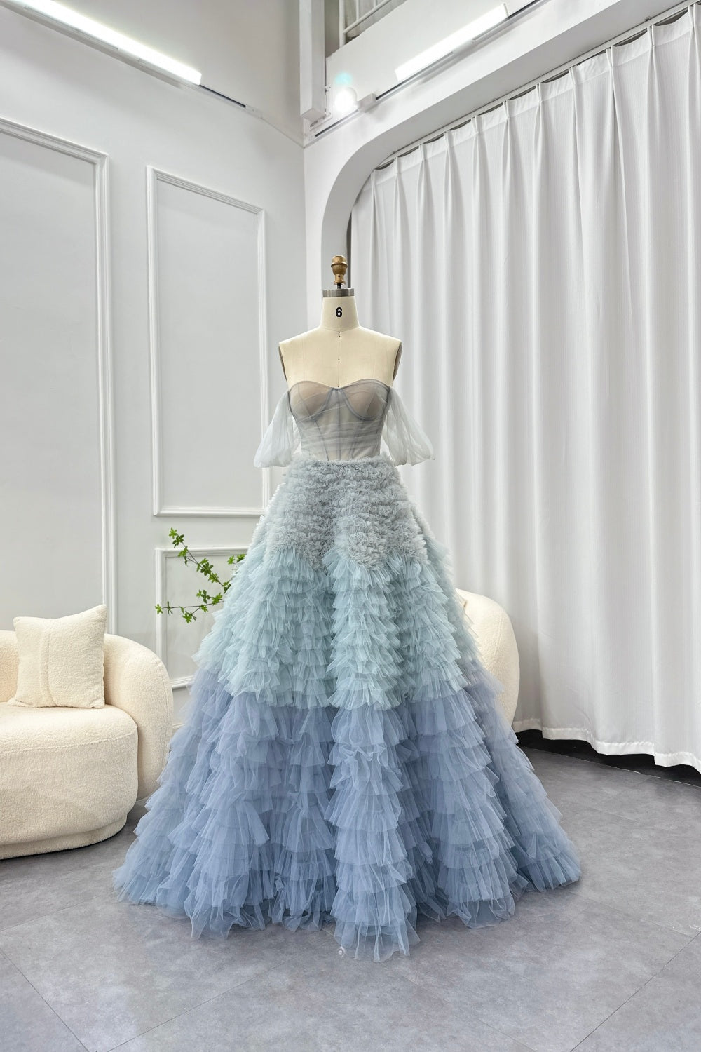 Chic Blue Ombre Tiered Ruffles Ball Gown Evening Dress SS551 Sheer Fairy
