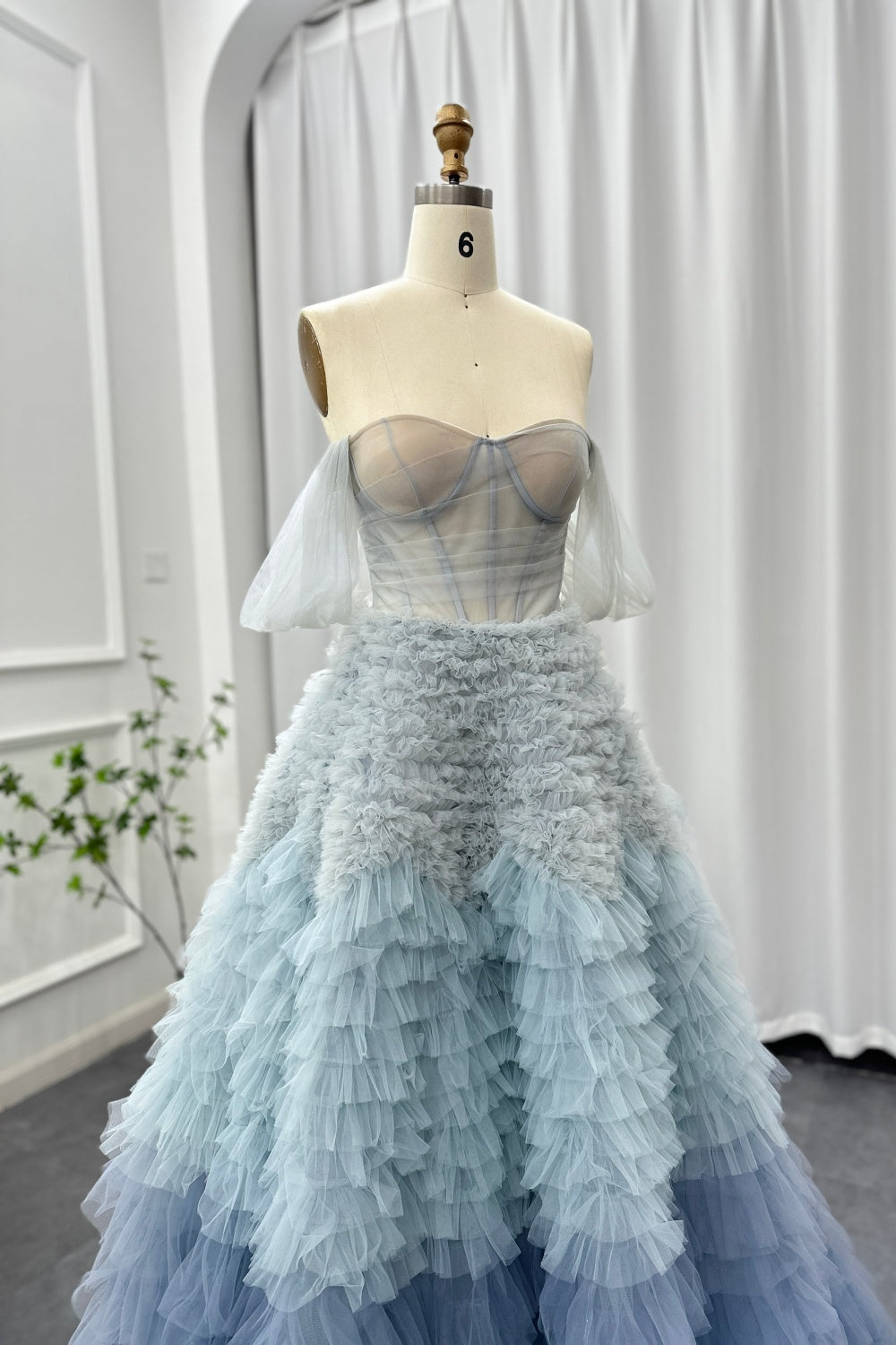 Chic Blue Ombre Tiered Ruffles Ball Gown Evening Dress SS551 Sheer Fairy
