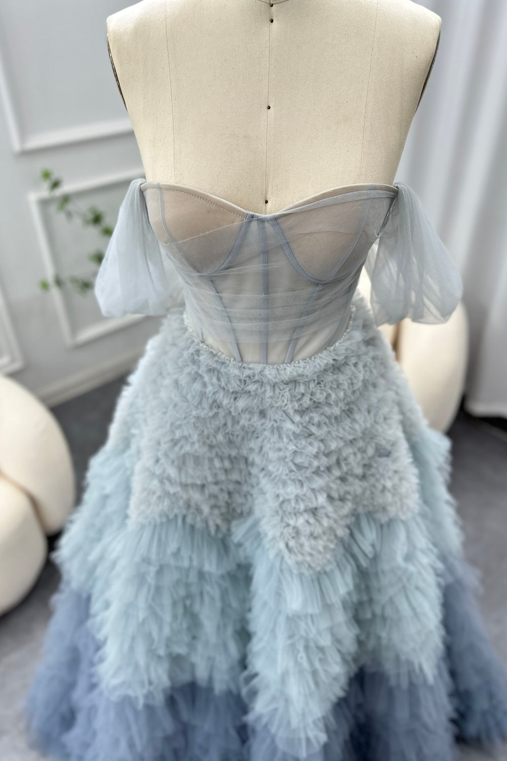 Chic Blue Ombre Tiered Ruffles Ball Gown Evening Dress SS551 Sheer Fairy