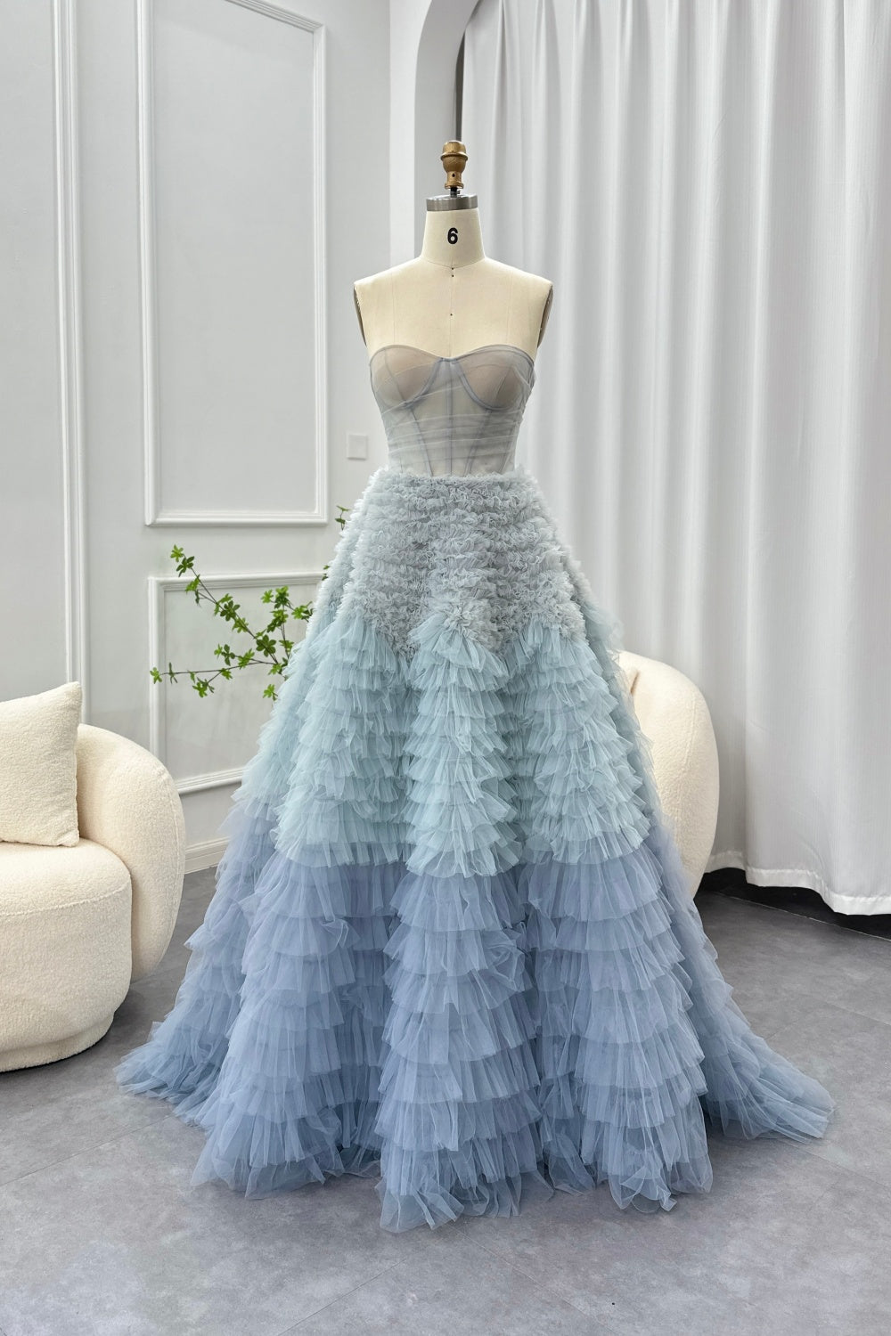 Chic Blue Ombre Tiered Ruffles Ball Gown Evening Dress SS551 Sheer Fairy