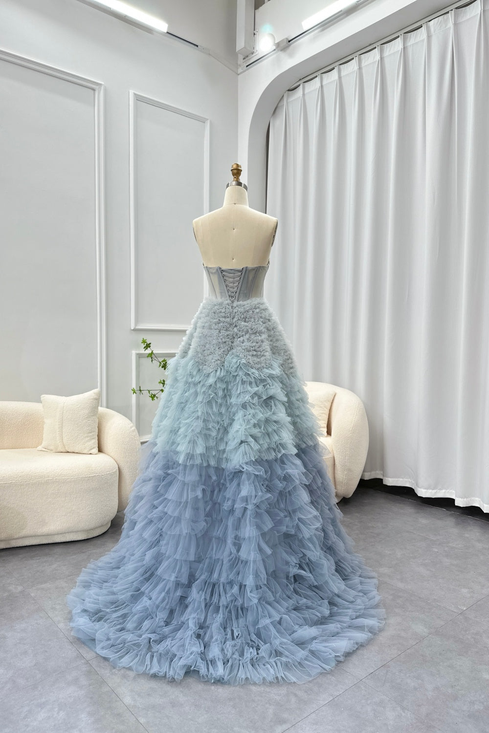 Chic Blue Ombre Tiered Ruffles Ball Gown Evening Dress SS551 Sheer Fairy