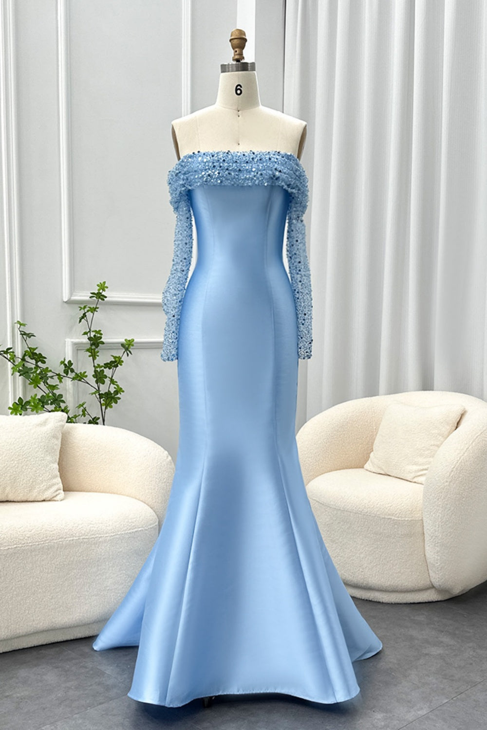 Elegant Off Shoulder Blue Long Sleeves Mermaid Evening Dress SF079 Sheer Fairy