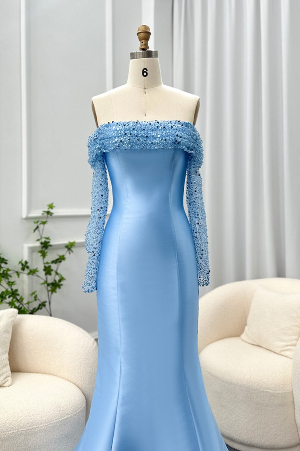 Elegant Off Shoulder Blue Long Sleeves Mermaid Evening Dress SF079 Sheer Fairy