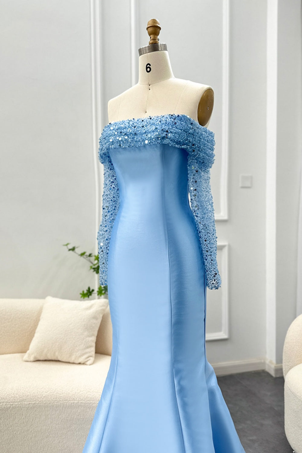 Elegant Off Shoulder Blue Long Sleeves Mermaid Evening Dress SF079 Sheer Fairy