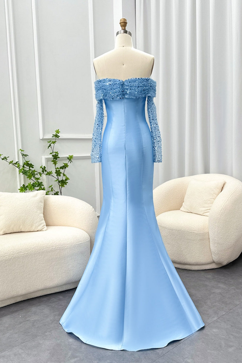 Elegant Off Shoulder Blue Long Sleeves Mermaid Evening Dress SF079 Sheer Fairy