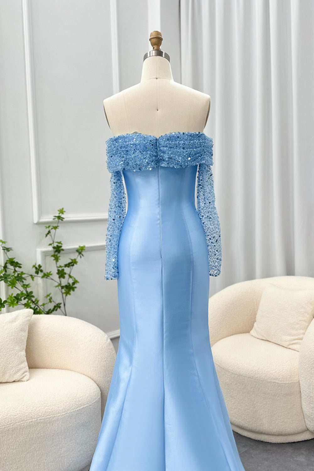 Elegant Off Shoulder Blue Long Sleeves Mermaid Evening Dress SF079 Sheer Fairy