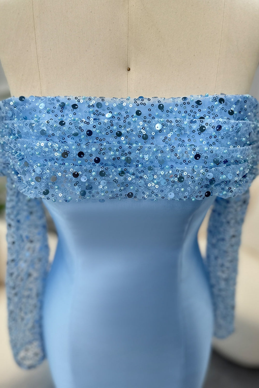 Elegant Off Shoulder Blue Long Sleeves Mermaid Evening Dress SF079 Sheer Fairy