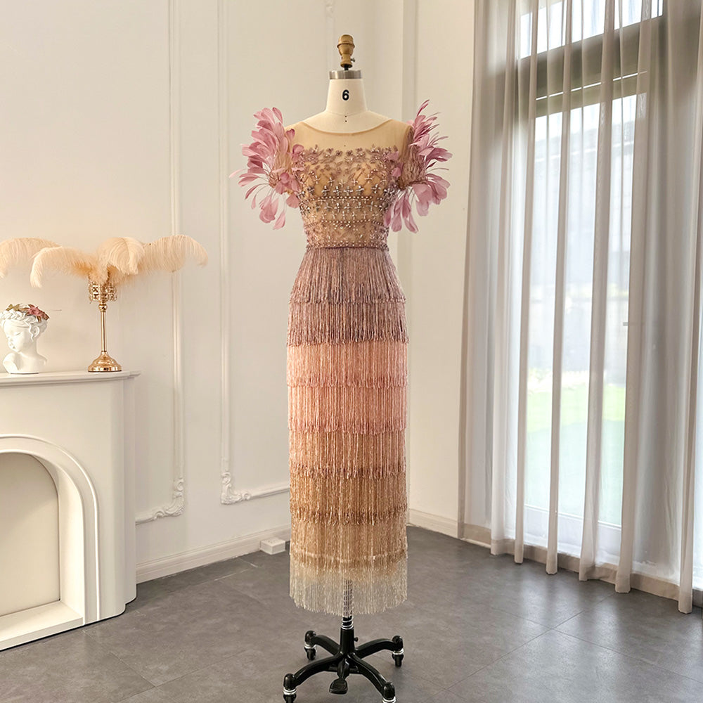 Sheer Lattice Beaded Tiered Fringe Lilac Evening Dress with 3D Floral SS379 Sheer Fairy