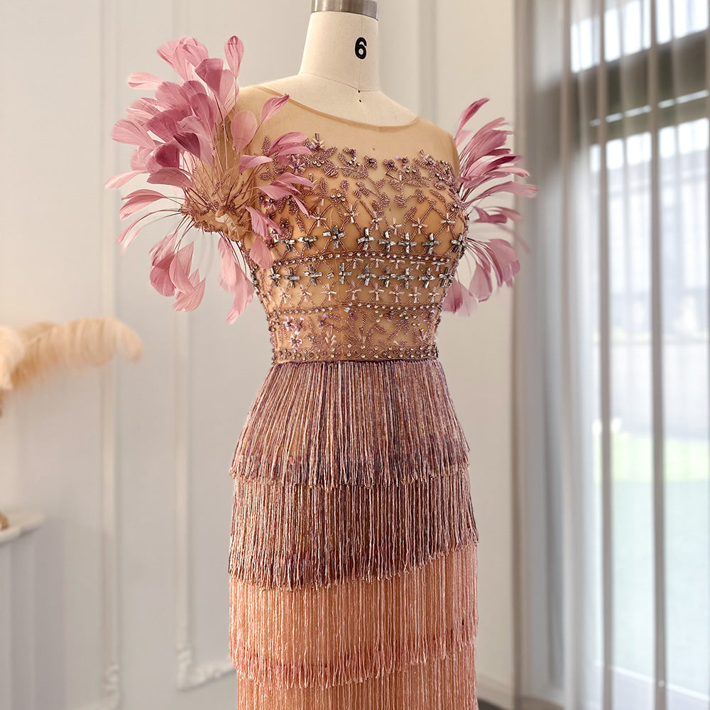 Sheer Lattice Beaded Tiered Fringe Lilac Evening Dress with 3D Floral SS379 Sheer Fairy