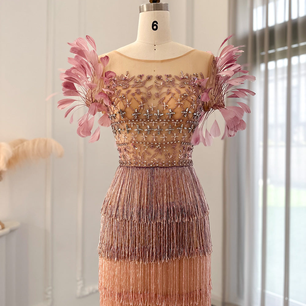 Sheer Lattice Beaded Tiered Fringe Lilac Evening Dress with 3D Floral SS379 Sheer Fairy