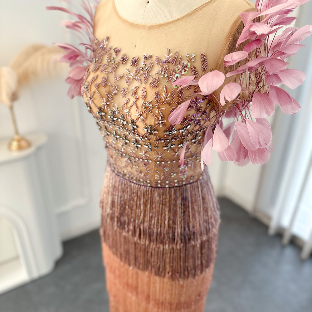 Sheer Lattice Beaded Tiered Fringe Lilac Evening Dress with 3D Floral SS379 Sheer Fairy