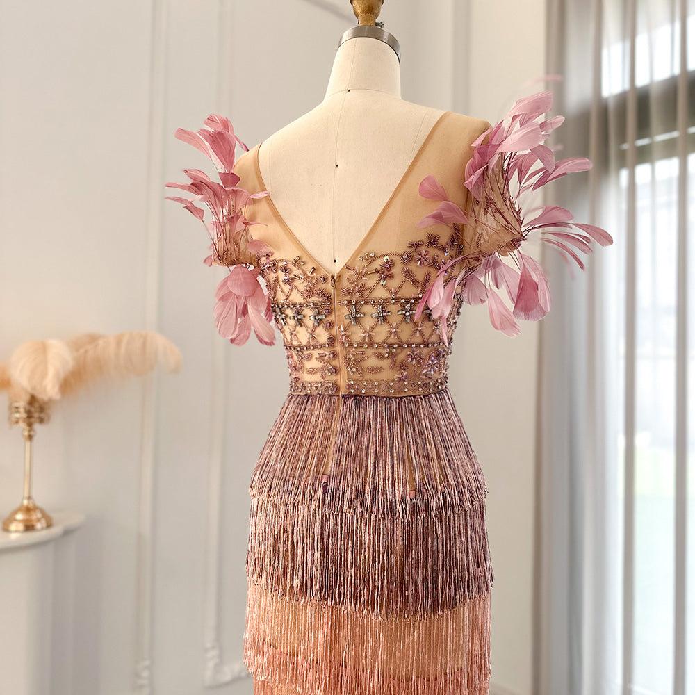 Sheer Lattice Beaded Tiered Fringe Lilac Evening Dress with 3D Floral SS379 Sheer Fairy