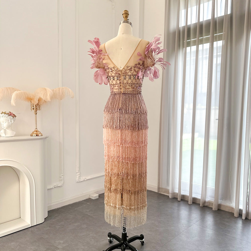 Sheer Lattice Beaded Tiered Fringe Lilac Evening Dress with 3D Floral SS379 Sheer Fairy