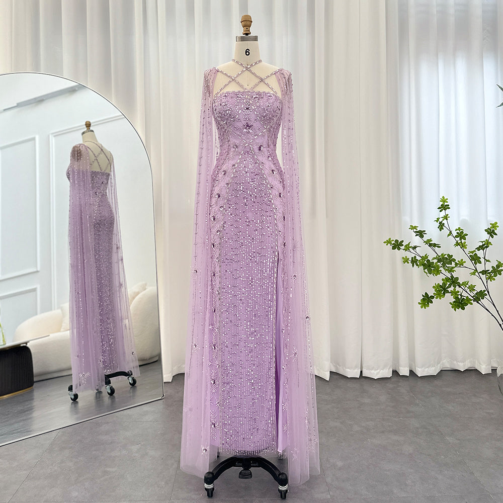 Luxury Lavender Beaded Mermaid Evening Gown with Detachable Cape Sleeves SS391 Sheer Fairy
