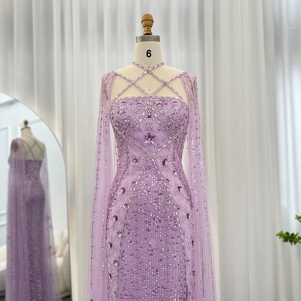 Luxury Lavender Beaded Mermaid Evening Gown with Detachable Cape Sleeves SS391 Sheer Fairy