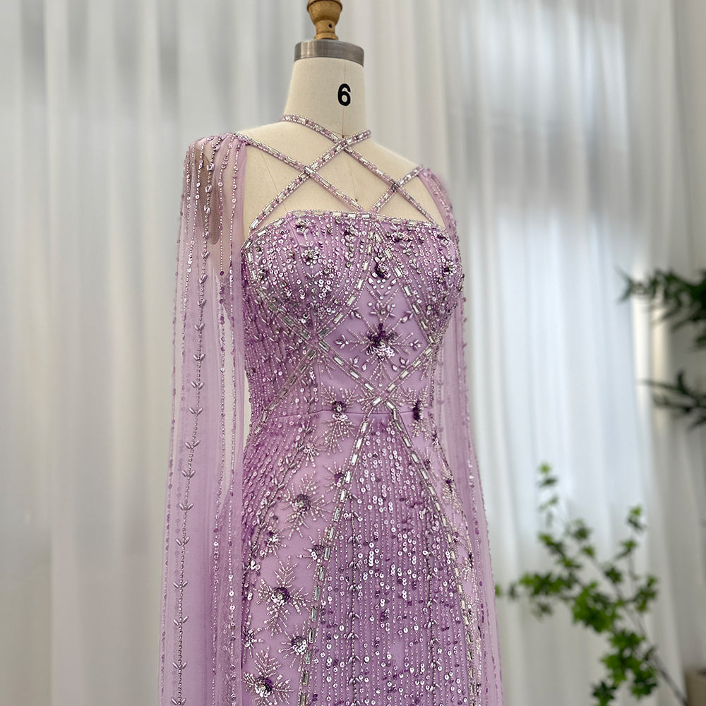 Luxury Lavender Beaded Mermaid Evening Gown with Detachable Cape Sleeves SS391 Sheer Fairy