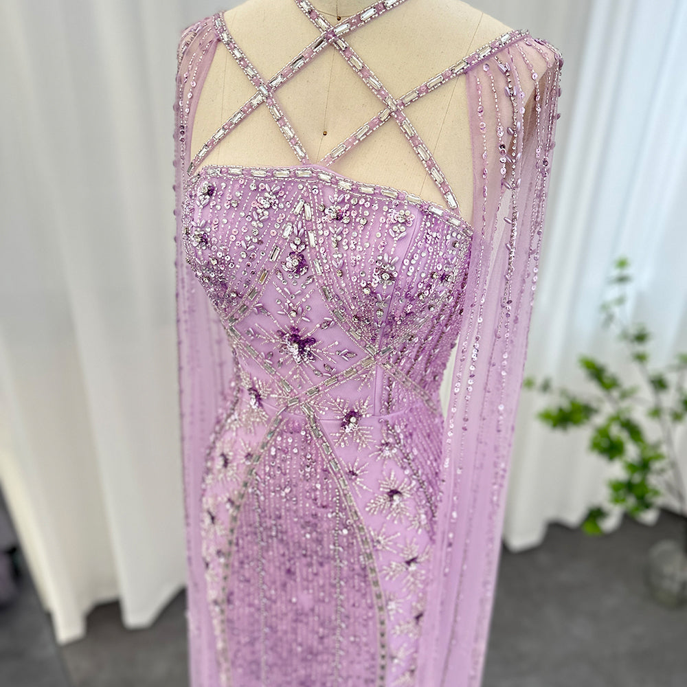 Luxury Lavender Beaded Mermaid Evening Gown with Detachable Cape Sleeves SS391 Sheer Fairy