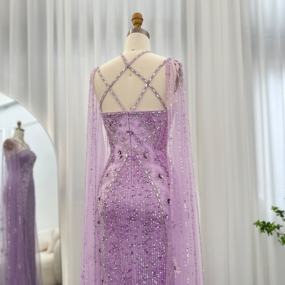 Luxury Lavender Beaded Mermaid Evening Gown with Detachable Cape Sleeves SS391 Sheer Fairy
