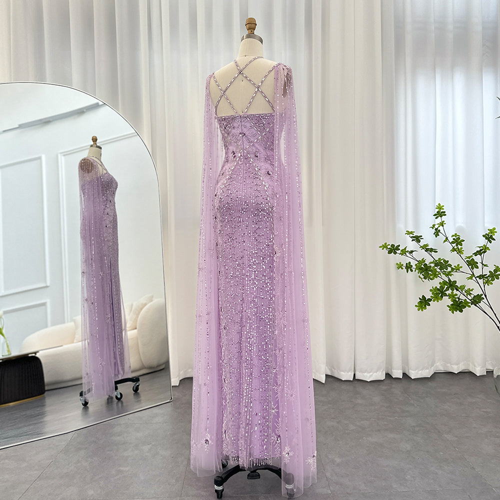 Luxury Lavender Beaded Mermaid Evening Gown with Detachable Cape Sleeves SS391 Sheer Fairy