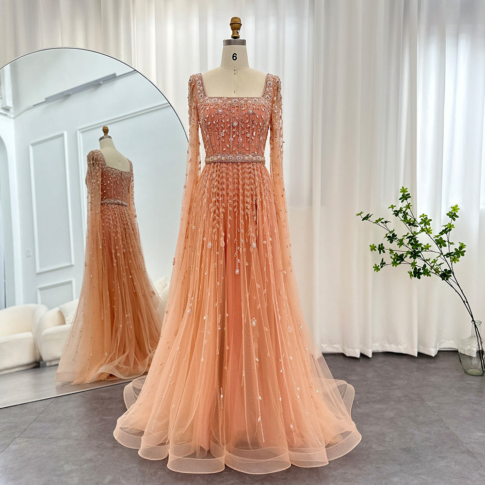 Luxury Caramel Beaded Cape Sleeve A-Line Evening Gown with Square Neck SS494 Sheer Fairy