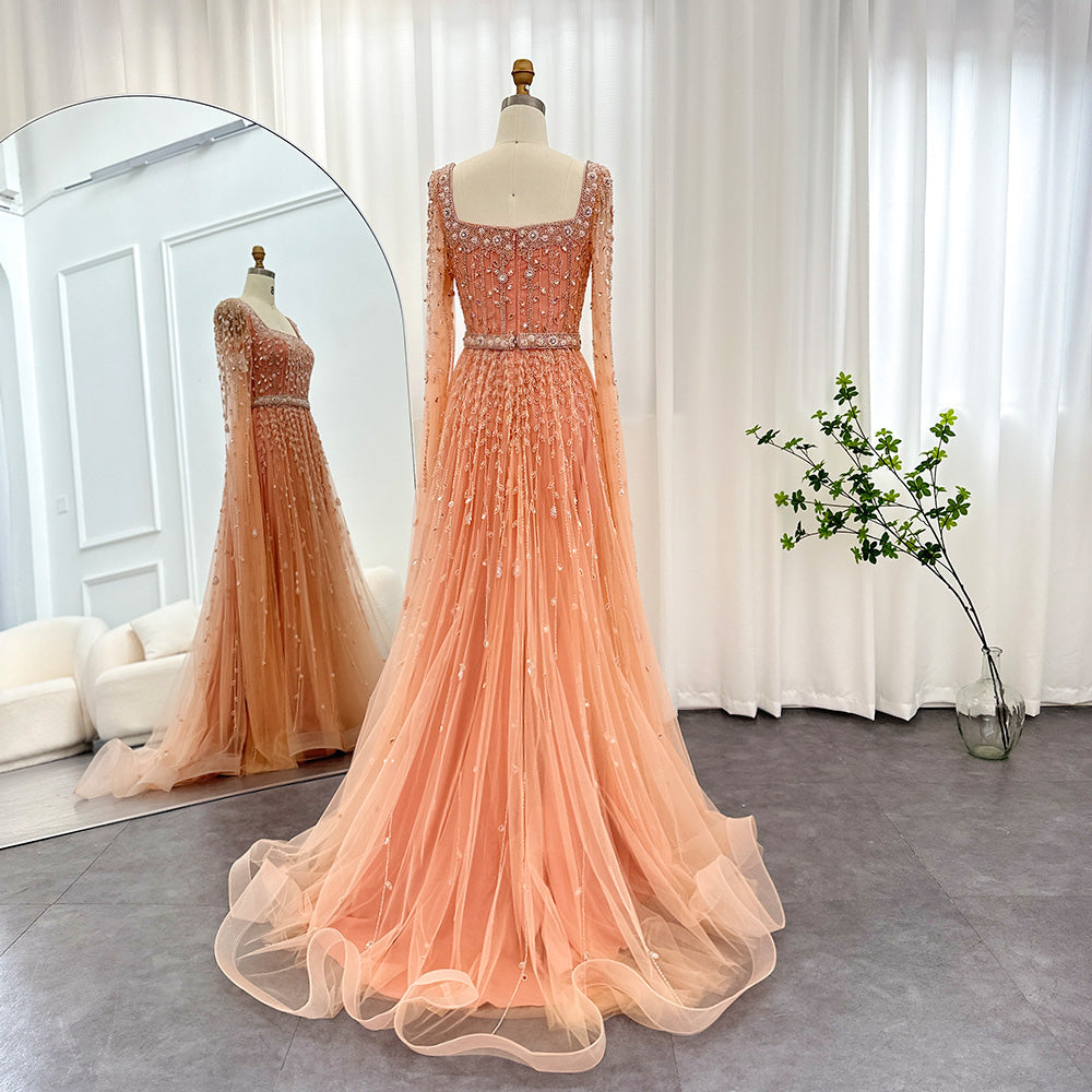 Luxury Caramel Beaded Cape Sleeve A-Line Evening Gown with Square Neck SS494 Sheer Fairy