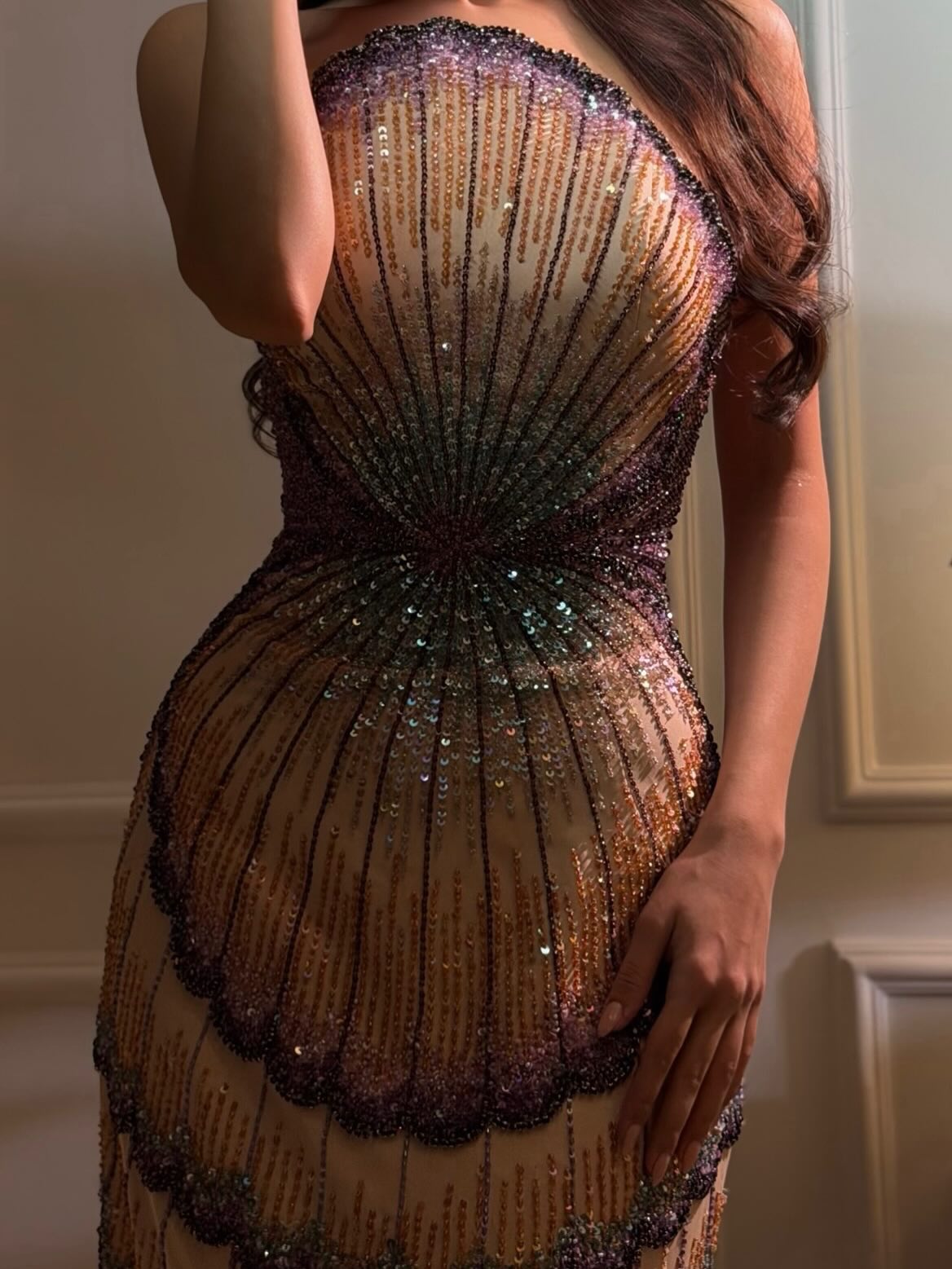 Strapless Ombre Scallop Beaded Mermaid Evening Gown with Train SS656 Sheer Fairy