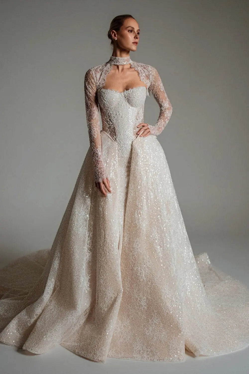 Champagne Sequined Lace Ball Gown Wedding Dress with Cathedral Train SW168 Sheer Fairy