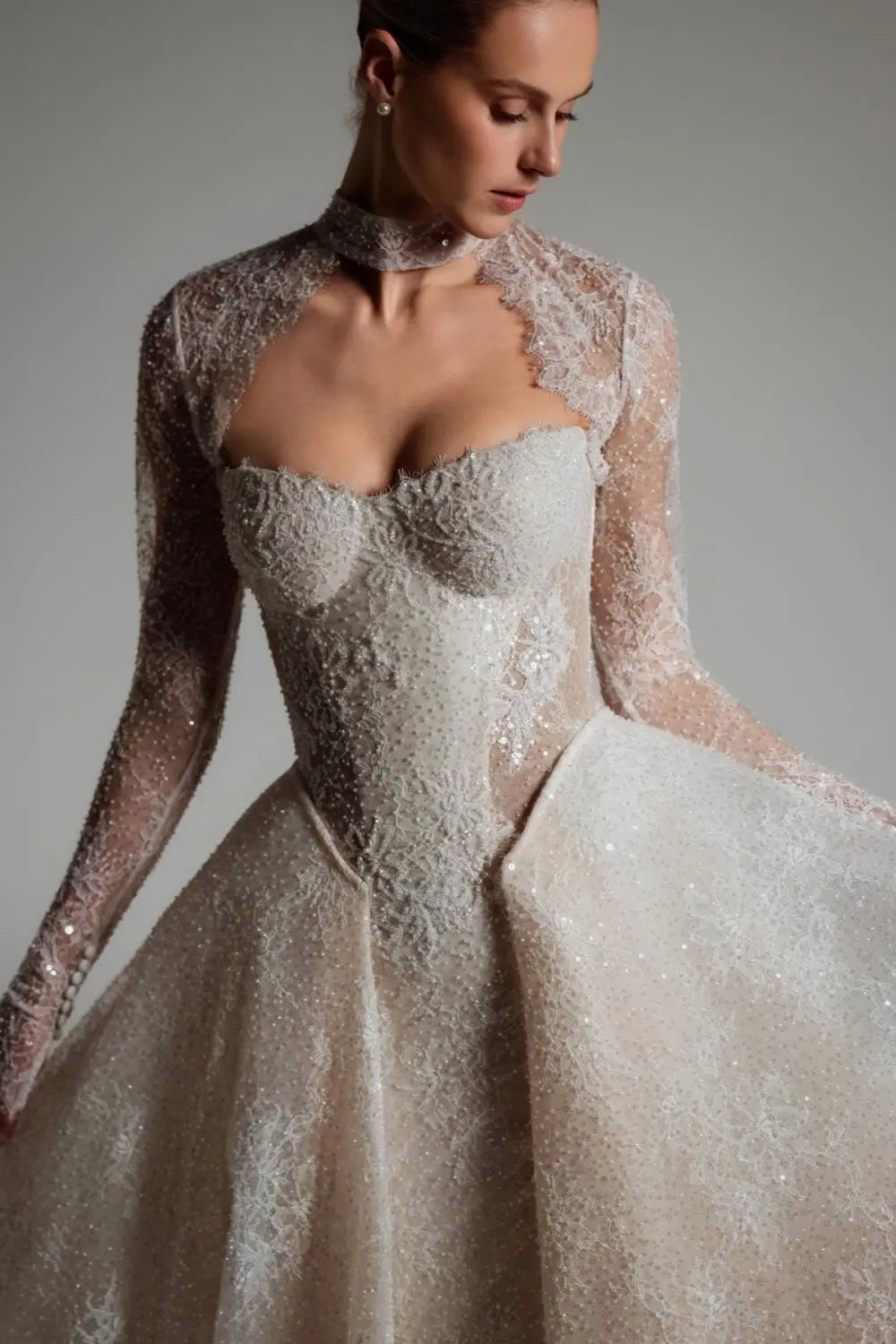 Champagne Sequined Lace Ball Gown Wedding Dress with Cathedral Train SW168 Sheer Fairy