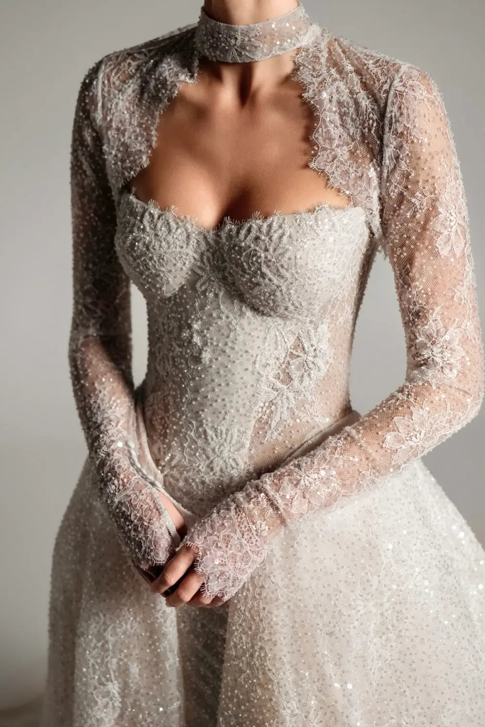 Champagne Sequined Lace Ball Gown Wedding Dress with Cathedral Train SW168 Sheer Fairy