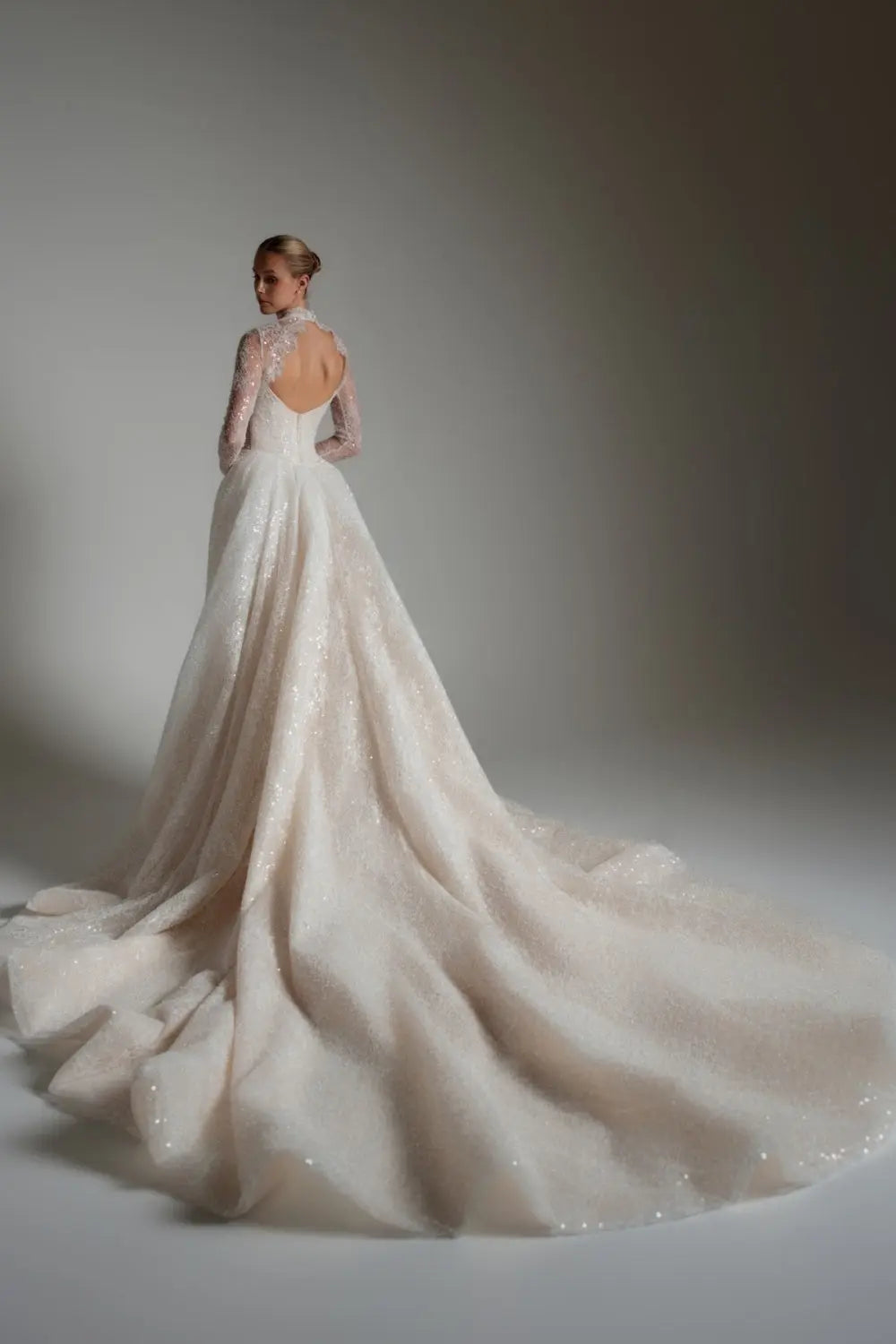 Champagne Sequined Lace Ball Gown Wedding Dress with Cathedral Train SW168 Sheer Fairy