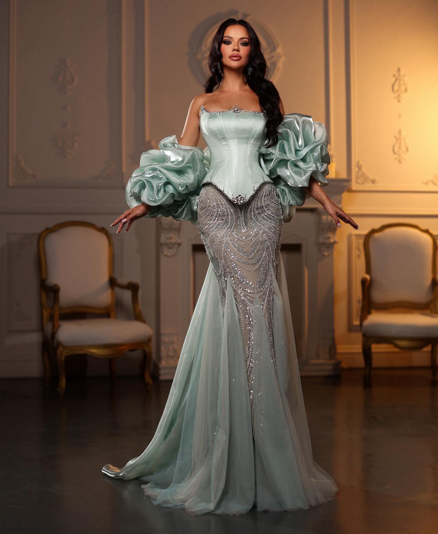 Luxury Aqua Off-the-Shoulder Mermaid Evening Gown with Ruffle Sleeves SS501 Sheer Fairy