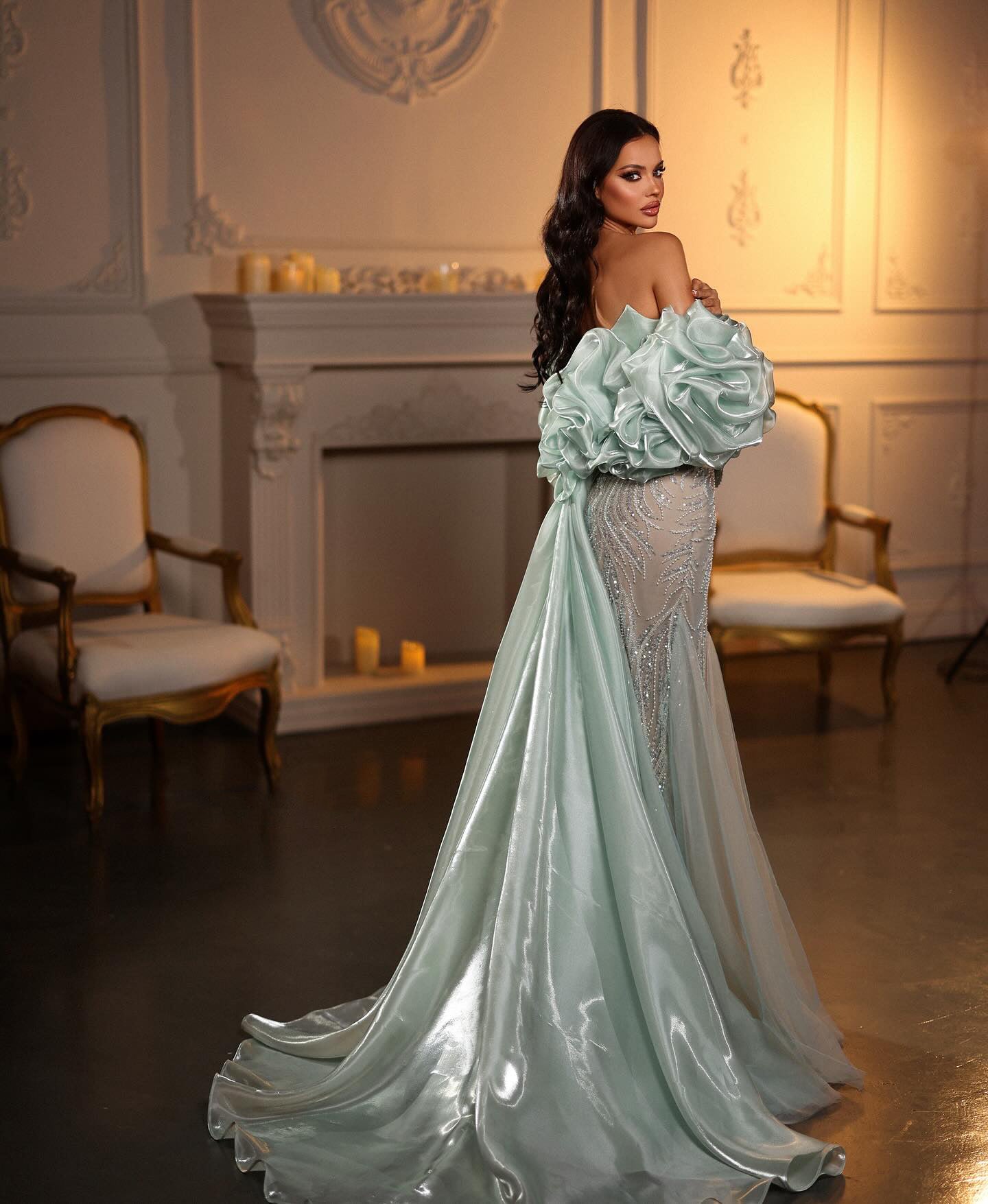Luxury Aqua Off-the-Shoulder Mermaid Evening Gown with Ruffle Sleeves SS501 Sheer Fairy