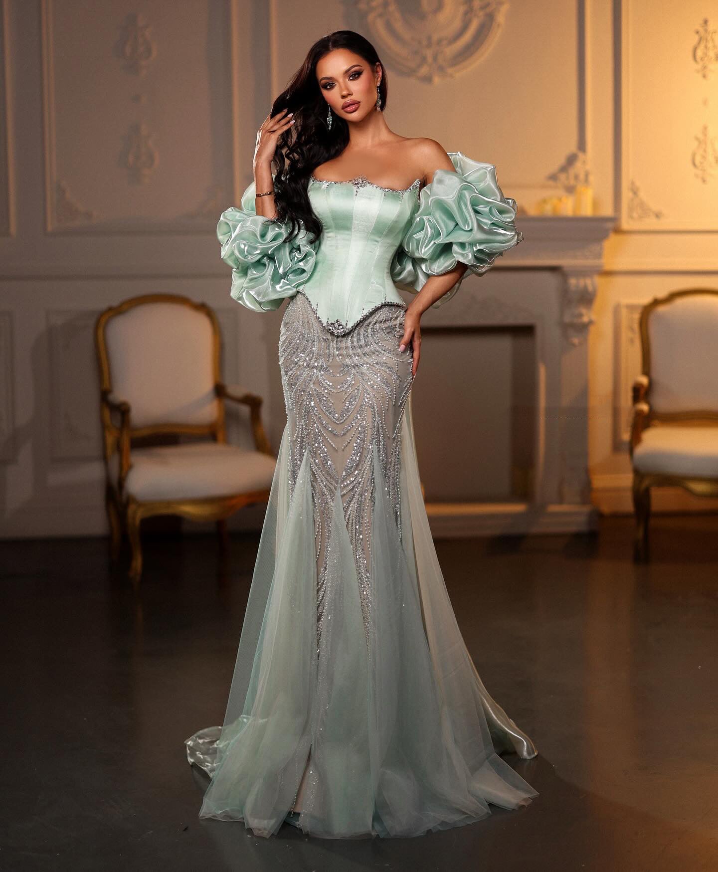 Luxury Aqua Off-the-Shoulder Mermaid Evening Gown with Ruffle Sleeves SS501 Sheer Fairy