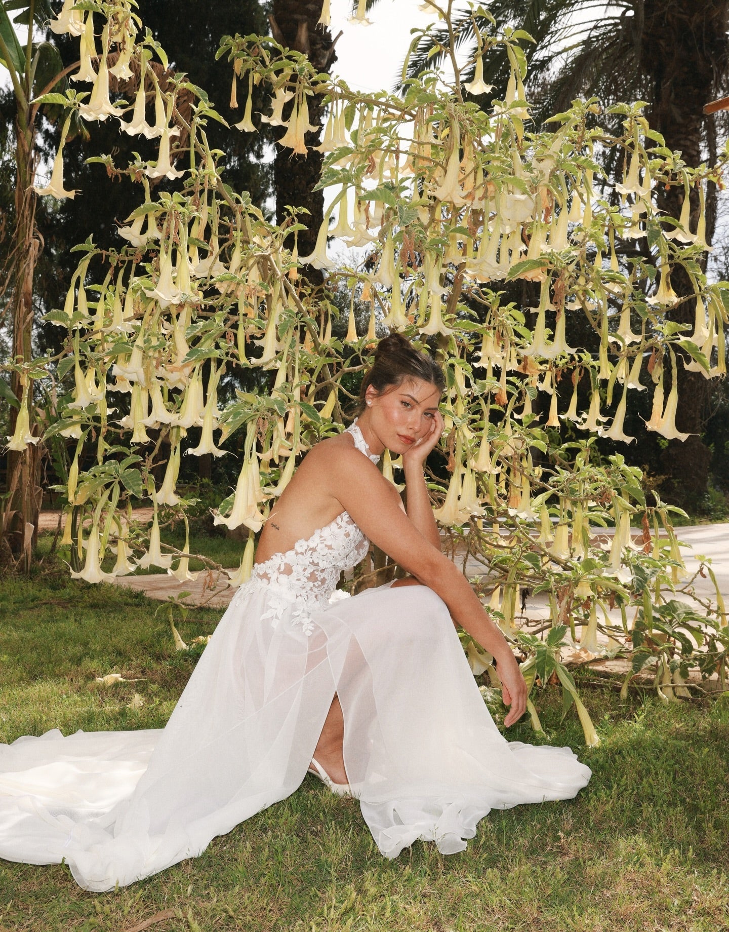 Halter Lace A Line Delicate Floral Long White Wedding Dress with High Slit SW739 Sheer Fairy