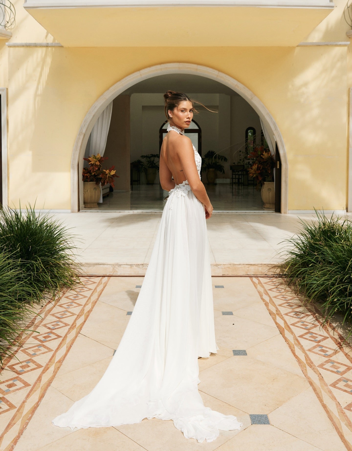 Halter Lace A Line Delicate Floral Long White Wedding Dress with High Slit SW739 Sheer Fairy