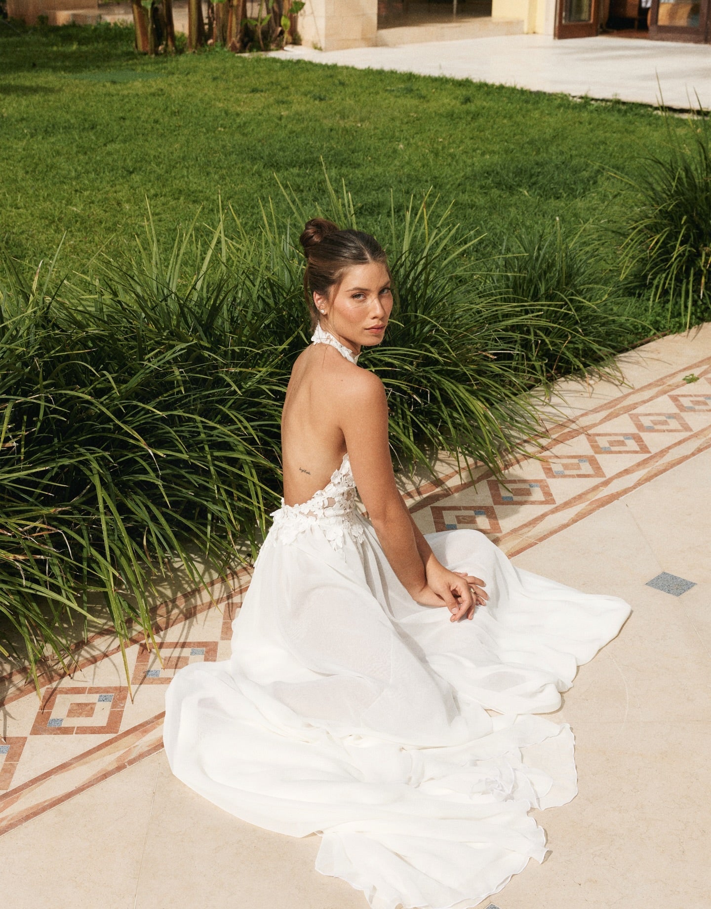Halter Lace A Line Delicate Floral Long White Wedding Dress with High Slit SW739 Sheer Fairy