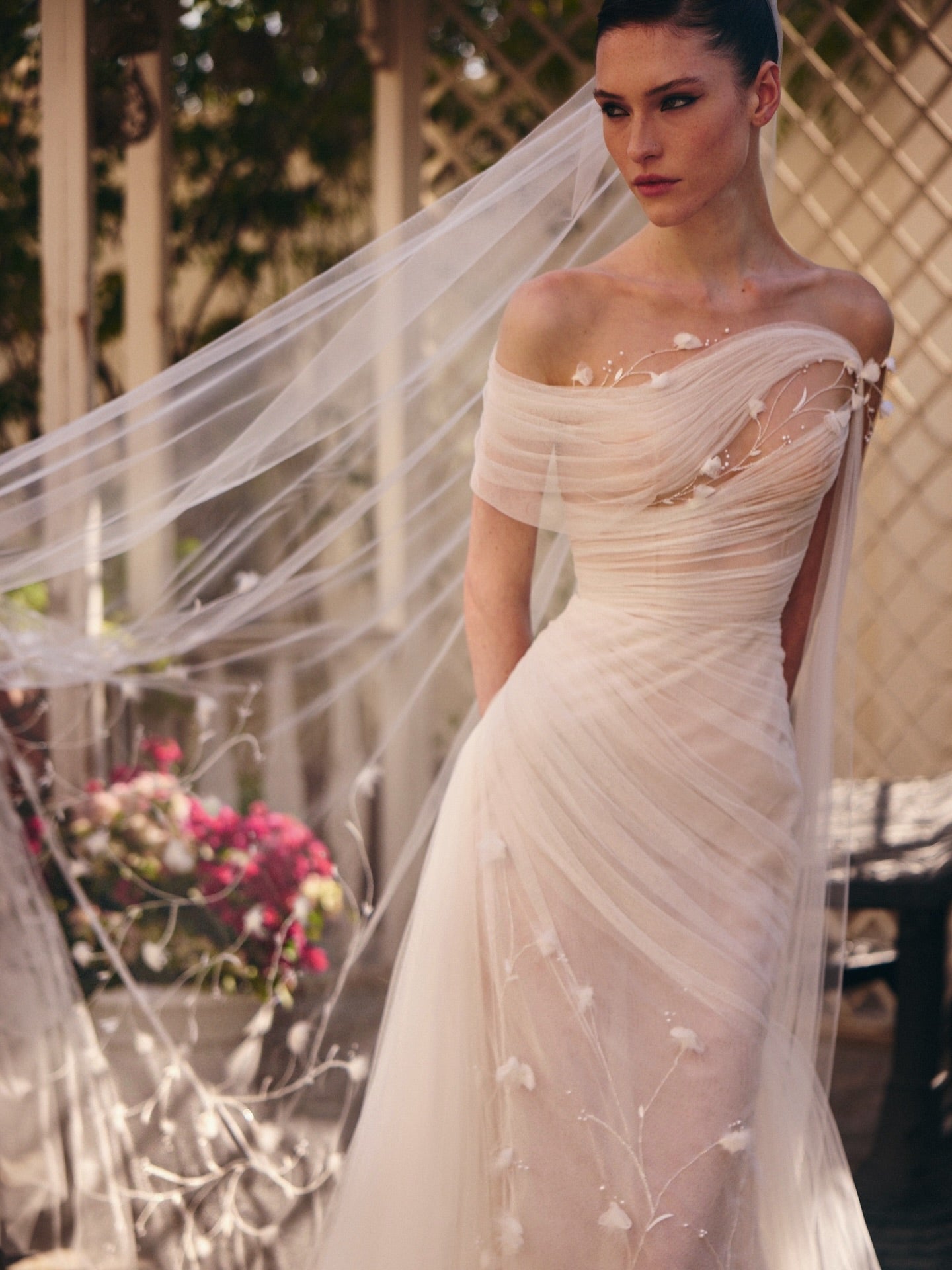 Romantic Strapless Tulle Wedding Dress with Floral Appliques and Soft Draped Design SW232 Sheer Fairy