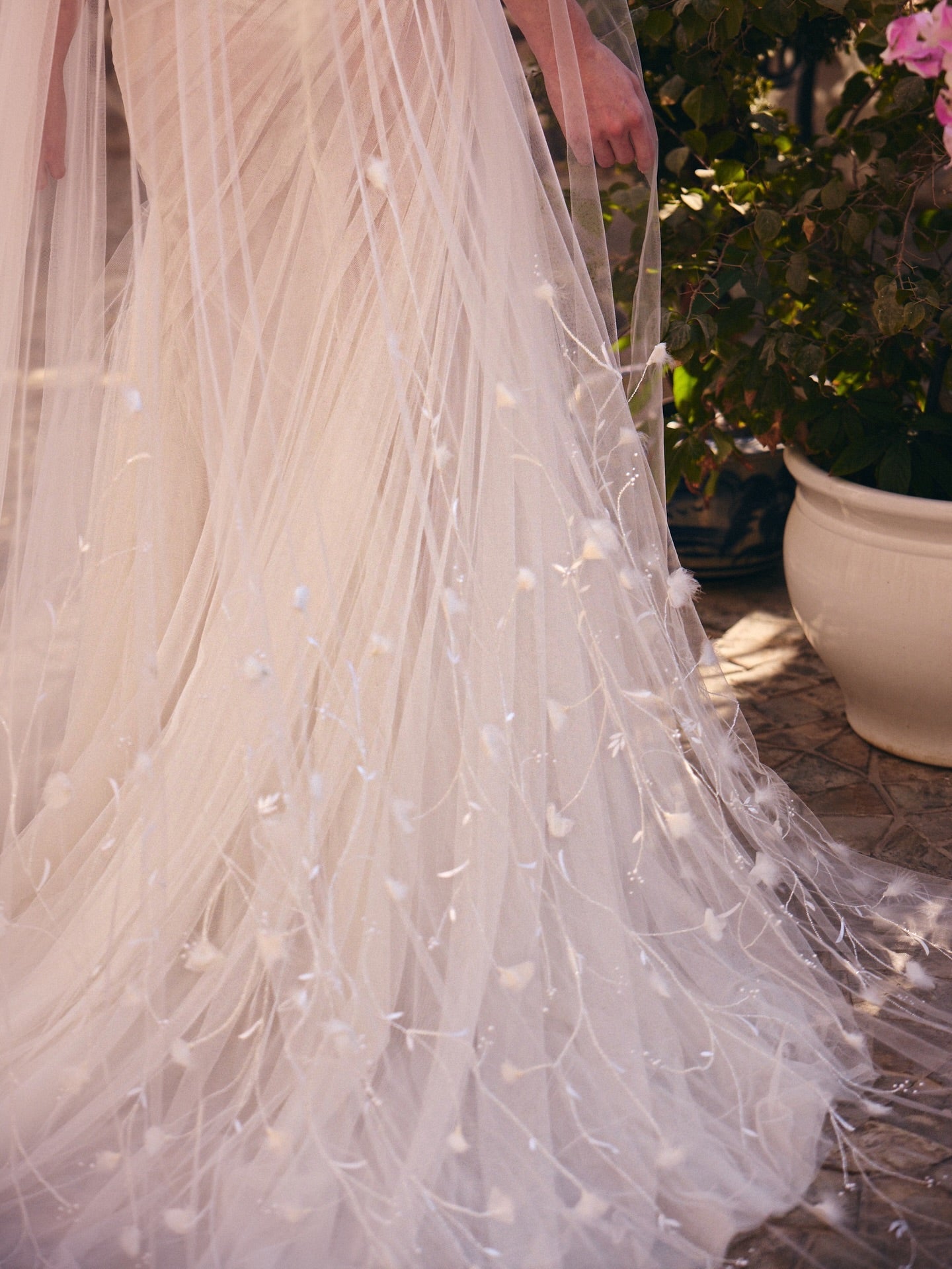 Romantic Strapless Tulle Wedding Dress with Floral Appliques and Soft Draped Design SW232 Sheer Fairy