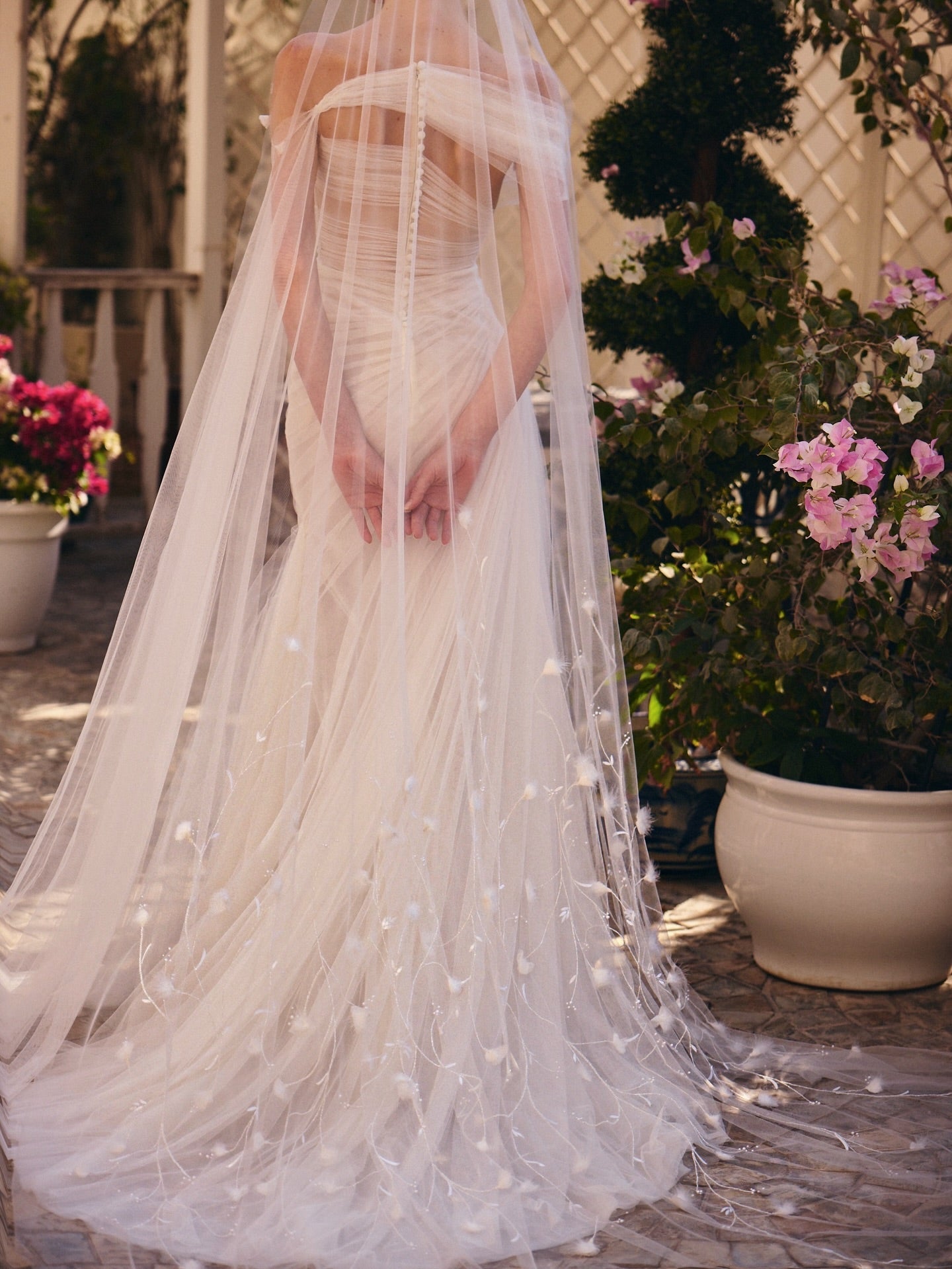 Romantic Strapless Tulle Wedding Dress with Floral Appliques and Soft Draped Design SW232 Sheer Fairy