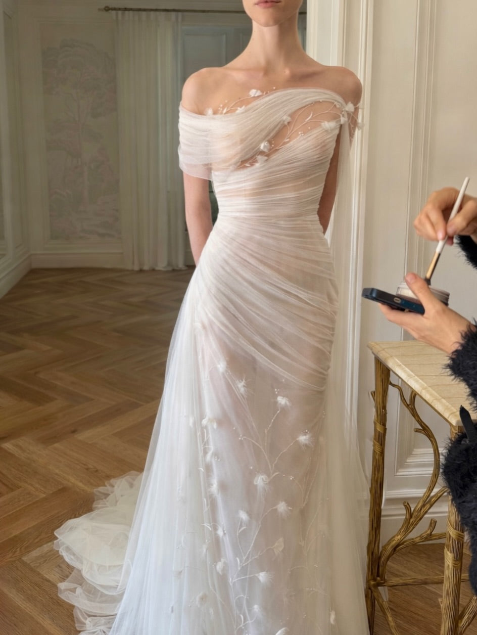Romantic Strapless Tulle Wedding Dress with Floral Appliques and Soft Draped Design SW232 Sheer Fairy
