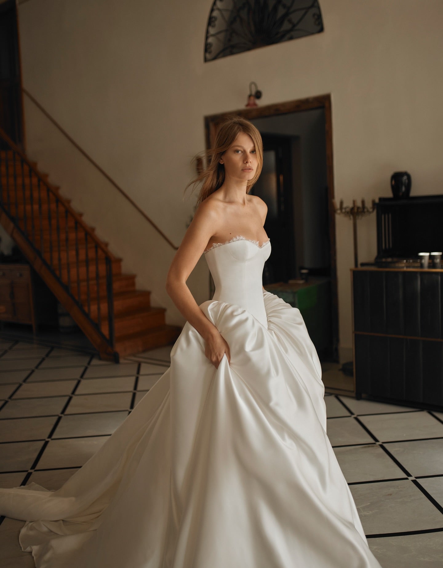 Strapless  A Line  Ivory Voluminous Gathered Wedding Dress with Sweep Train SW741 Sheer Fairy