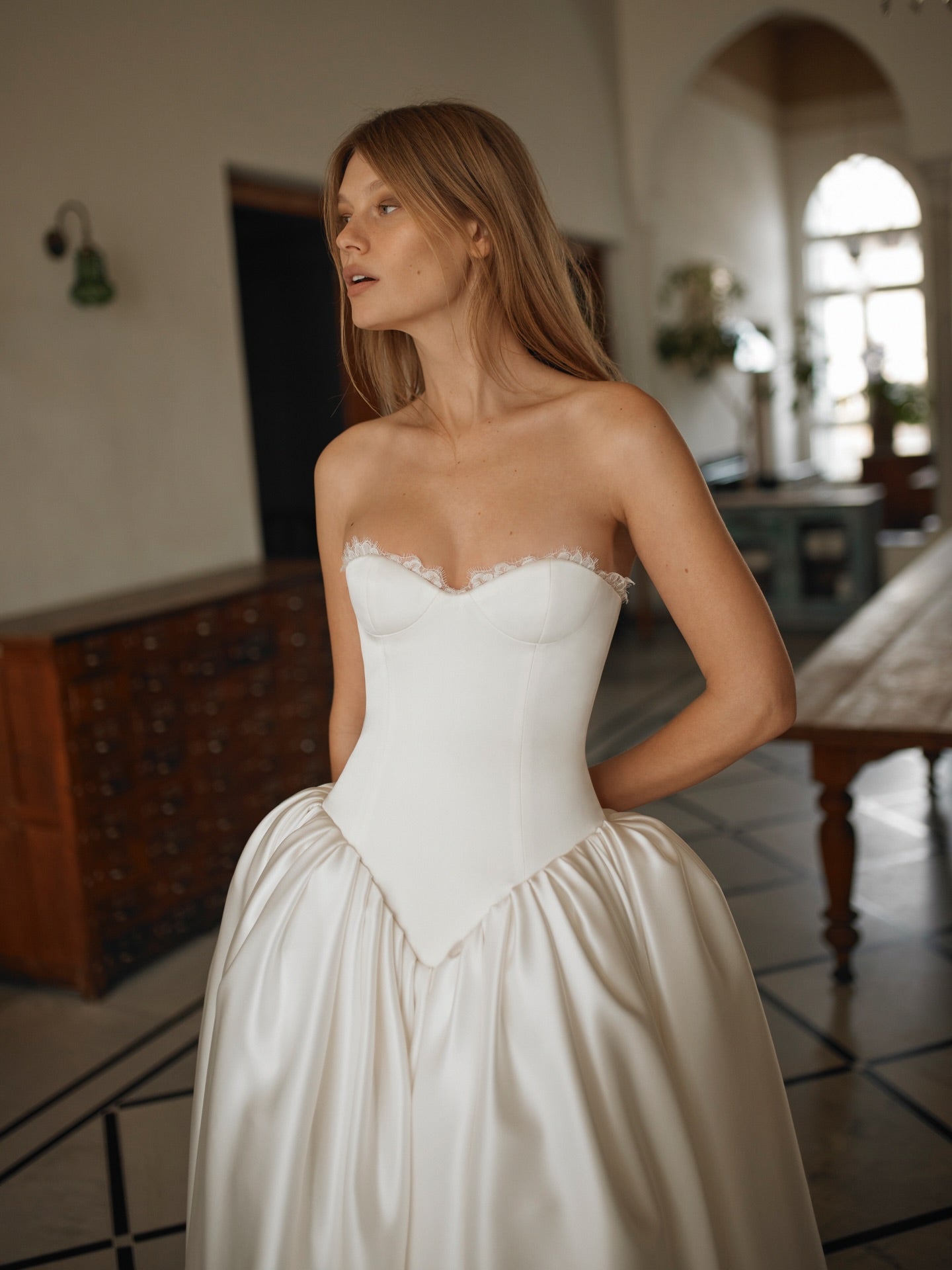 Strapless  A Line  Ivory Voluminous Gathered Wedding Dress with Sweep Train SW741 Sheer Fairy