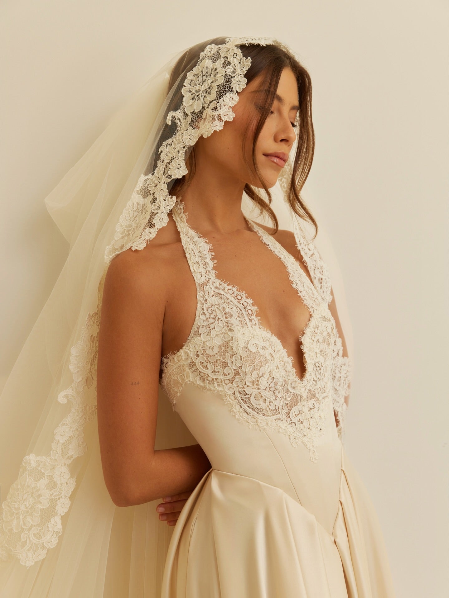 Halter Lace A Line Long Champagne Wedding Dress with Veil SW738 Sheer Fairy