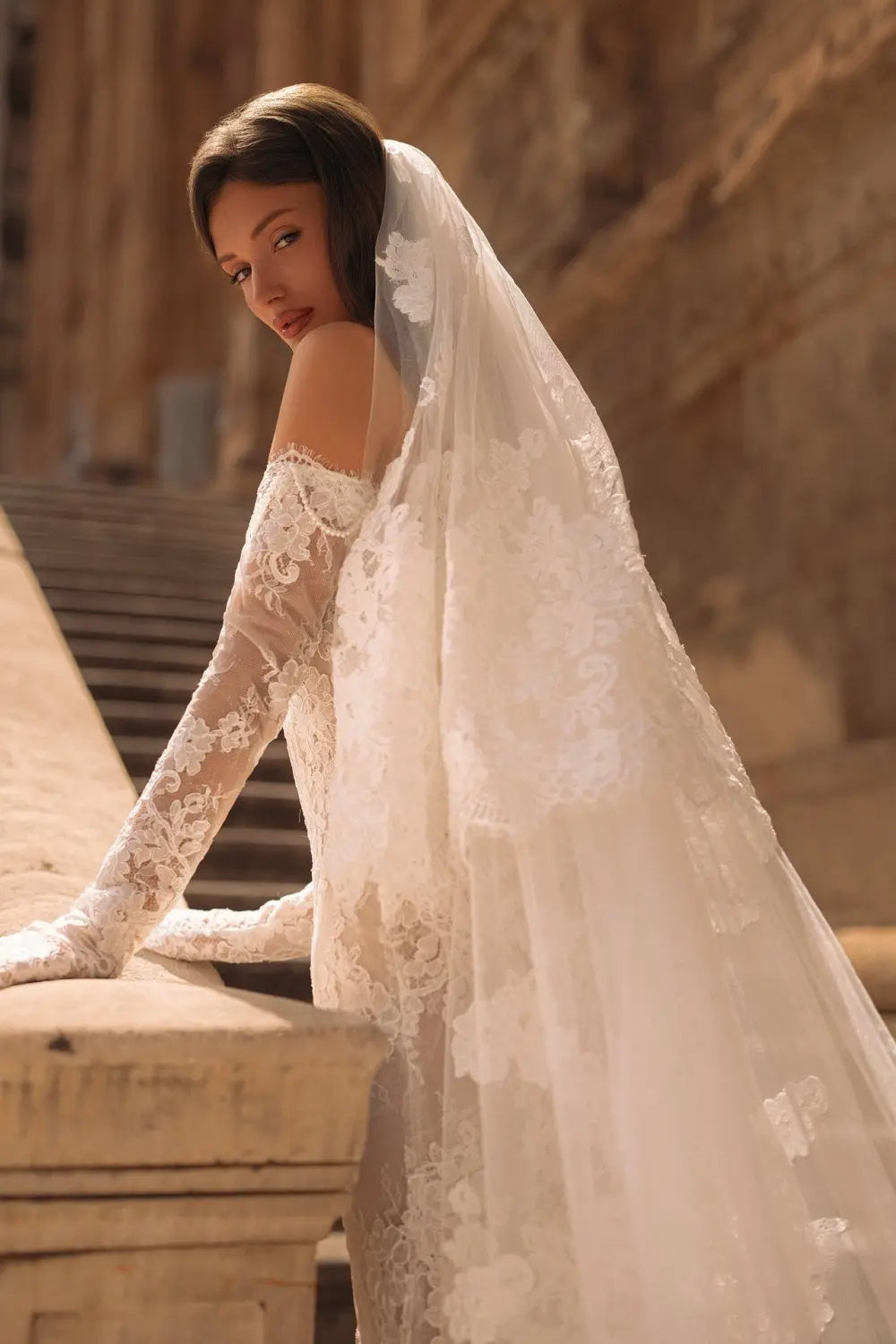 Ivory Lace Mermaid Off-the-Shoulder Long Sleeve Wedding Dress with 3D Floral SW171 Sheer Fairy
