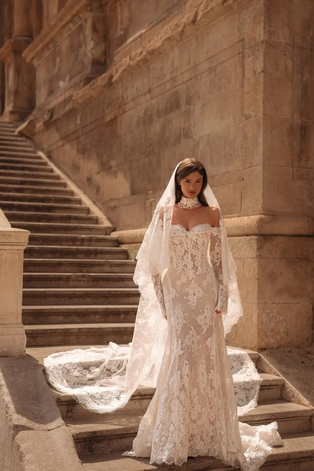 Ivory Lace Mermaid Off-the-Shoulder Long Sleeve Wedding Dress with 3D Floral SW171 Sheer Fairy