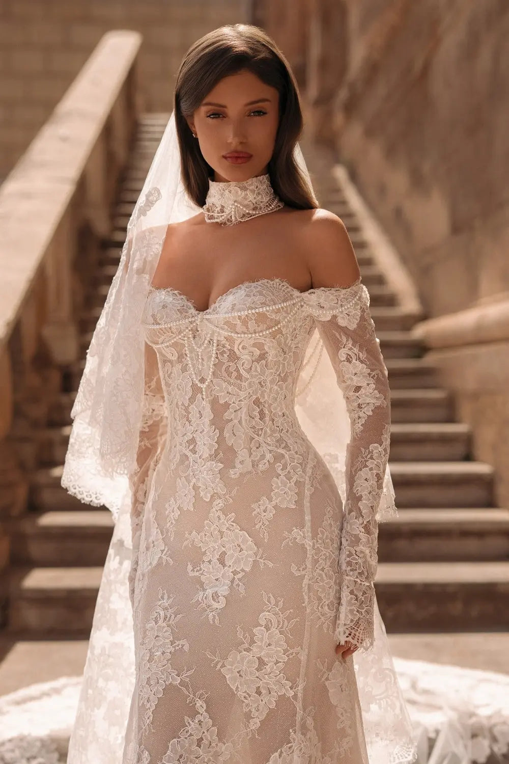 Ivory Lace Mermaid Off-the-Shoulder Long Sleeve Wedding Dress with 3D Floral SW171 Sheer Fairy