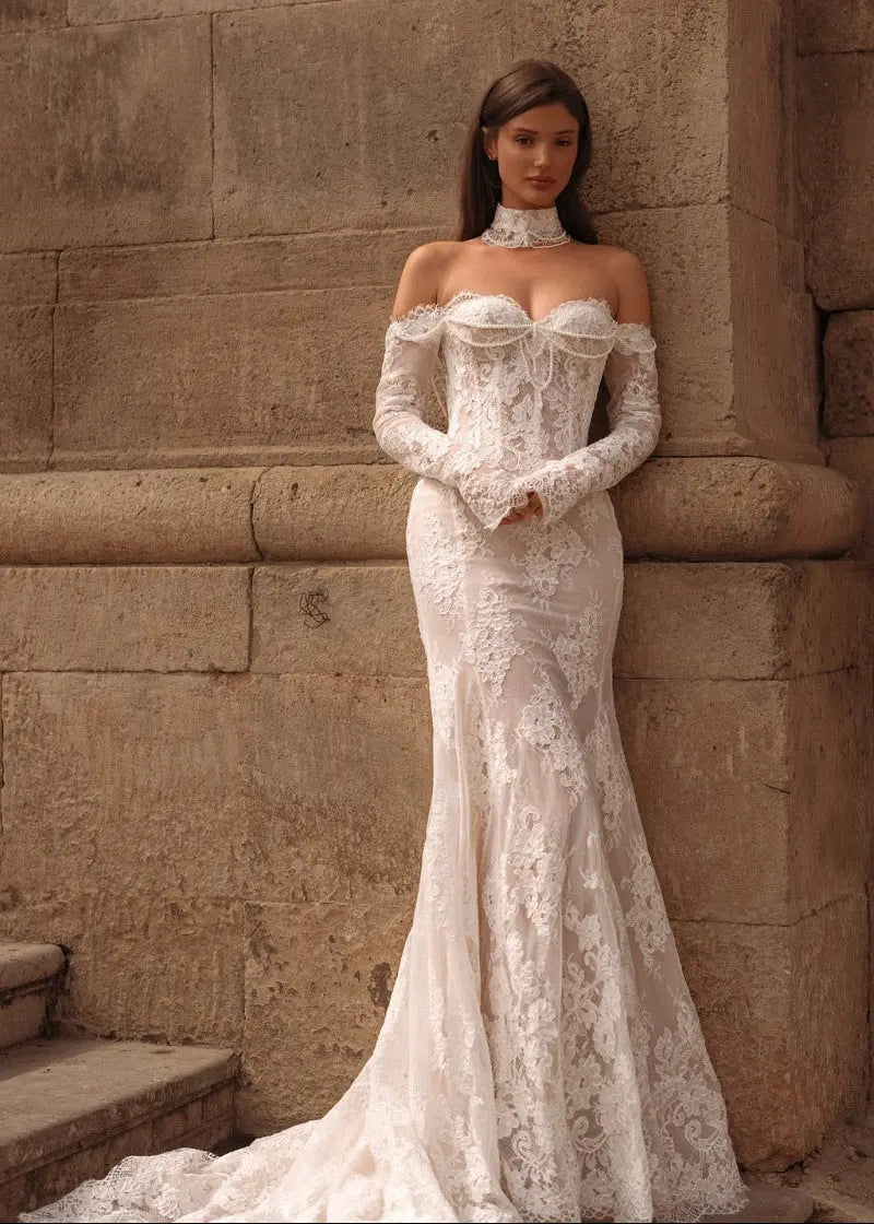 Ivory Lace Mermaid Off-the-Shoulder Long Sleeve Wedding Dress with 3D Floral SW171 Sheer Fairy