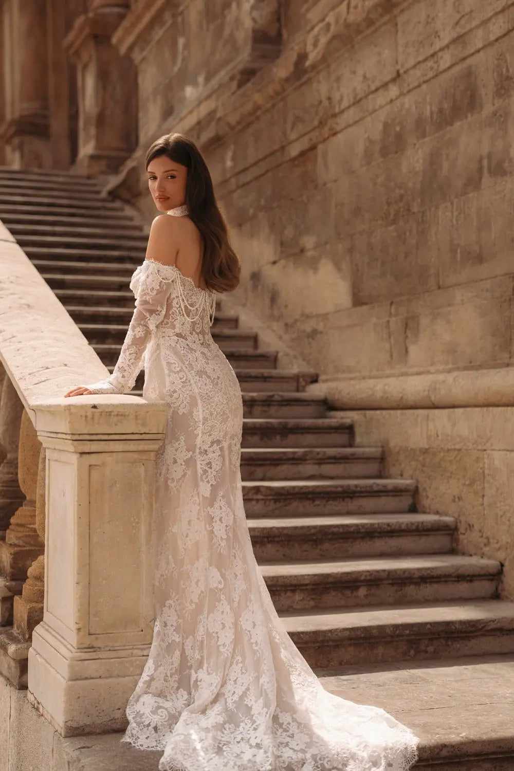 Ivory Lace Mermaid Off-the-Shoulder Long Sleeve Wedding Dress with 3D Floral SW171 Sheer Fairy